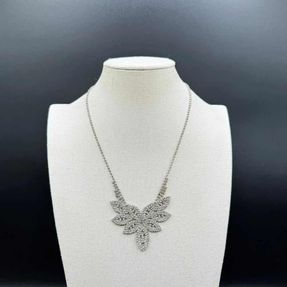 Rhinestone Leaf Statement Necklace Silver Tone Crystal Floral Bib Collar Jewelry